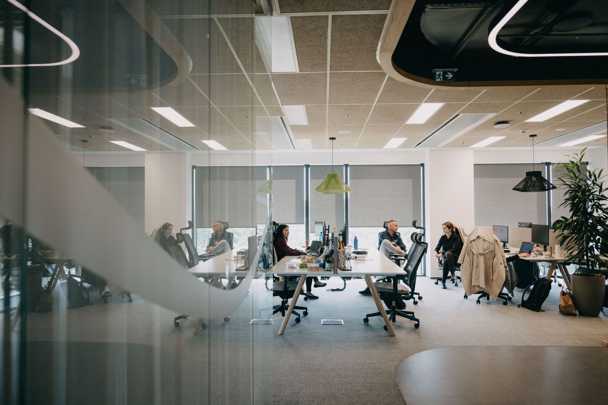 Open office Fidoo — tým u stolů, pohled přes skleněnou stěnu